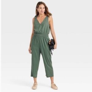 A New Day Women’s Jumpsuit Green Linen Tie Shoulder One Piece Sleeveless XS